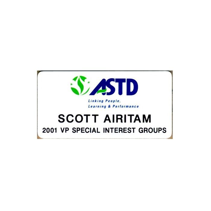 White thermal printed plastic name badge with company logo and name.