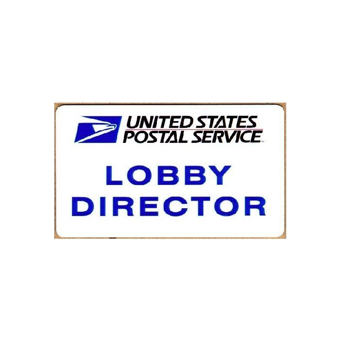 White thermal printed plastic name badge with company logo and title.