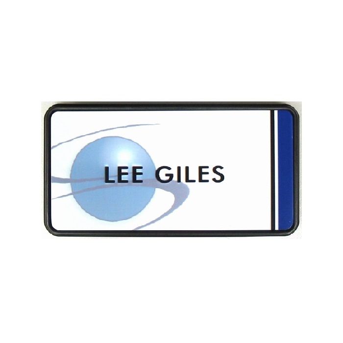 White thermal printed plastic name badge with protective dome, set in black executive frame.