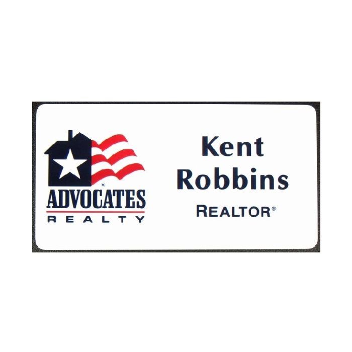 White thermal printed plastic name badge with company logo and name.