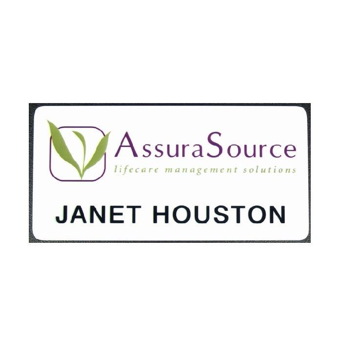 White thermal printed plastic name badge with company logo and name.