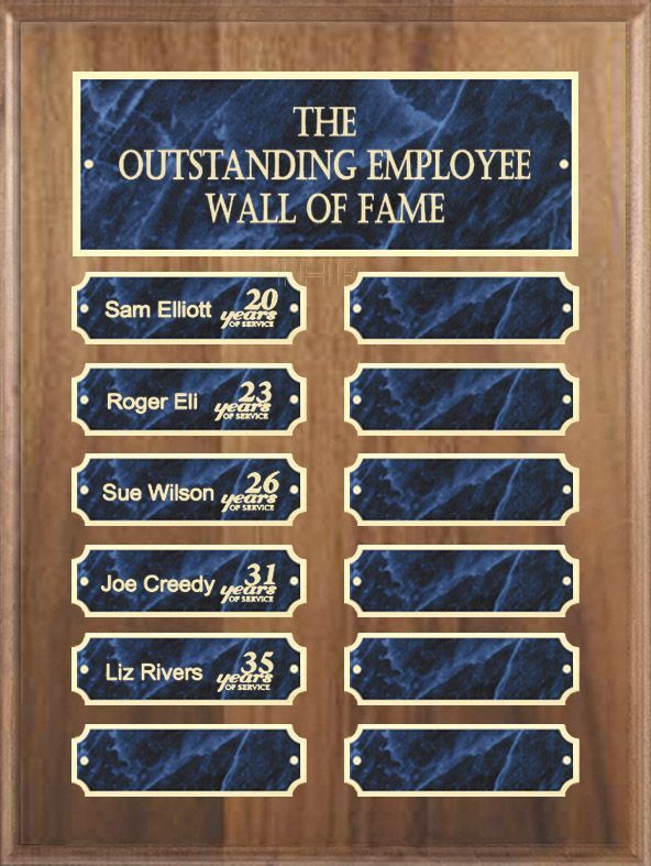 Wood finish perpetual recognition plaque with blue marble and gold accents.