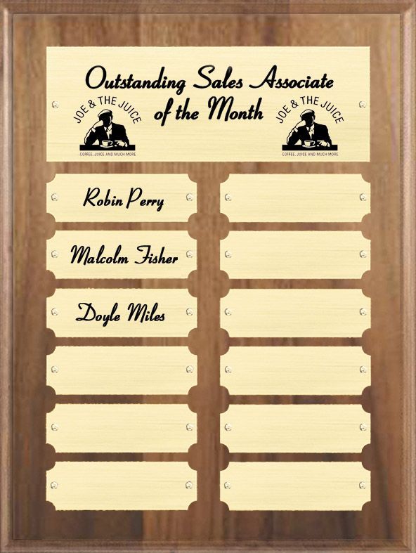 Wood finish perpetual recognition plaque with gold plates.