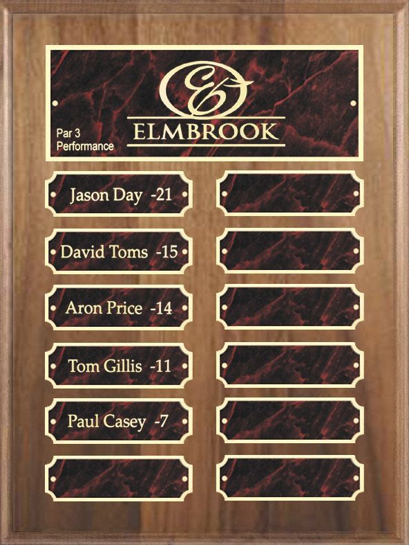 Wood finish perpetual recognition plaque with red marble and gold accents