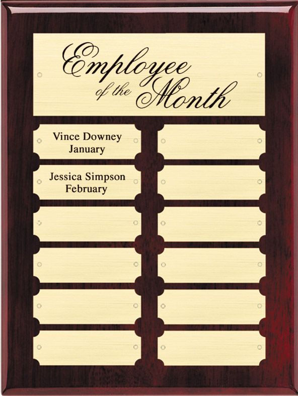 Wood finish perpetual recognition plaque with gold plates.