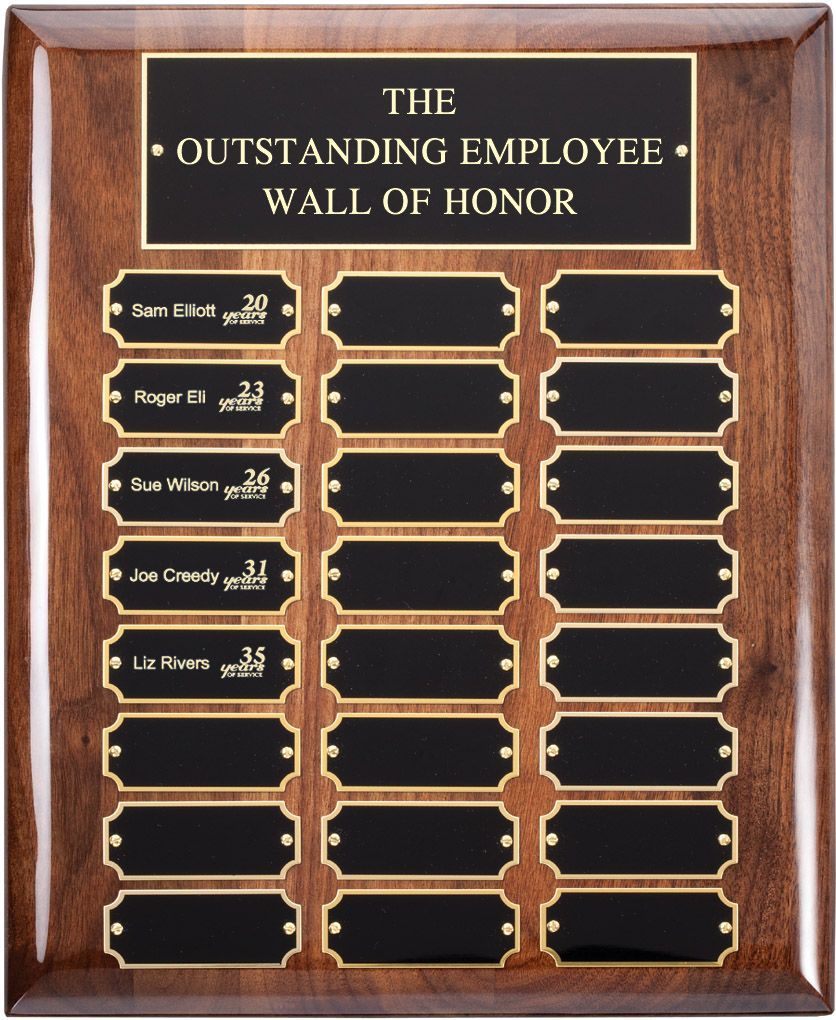 Wood finish perpetual recognition plaque with gold accents