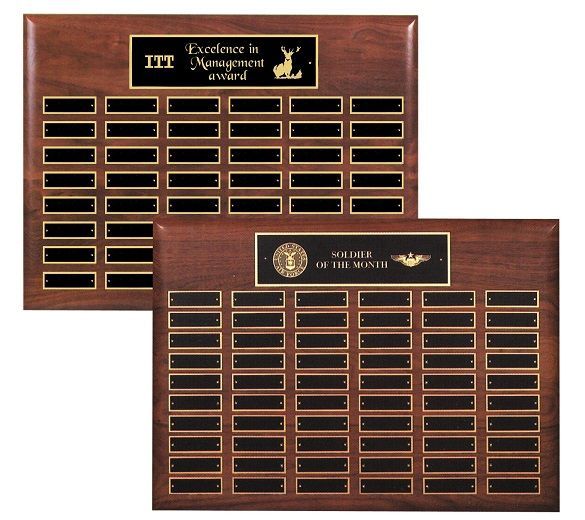 Wood finish perpetual recognition plaque with gold accents.