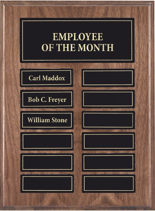 Wood finish perpetual recognition plaque with gold accents.