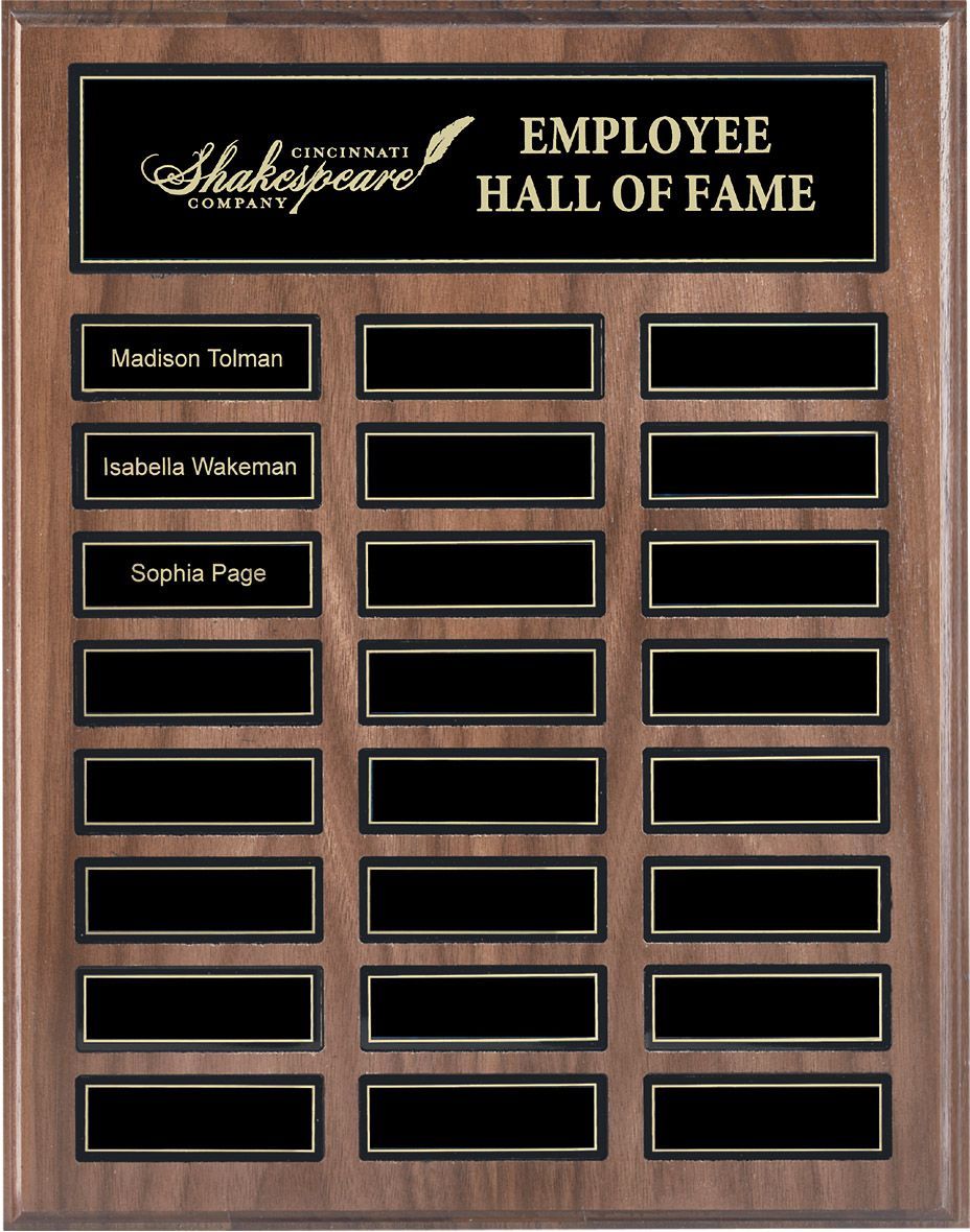 Wood finish perpetual recognition plaque with gold accents.