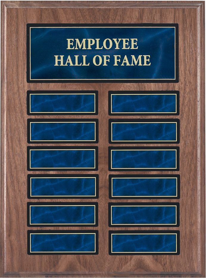 Wood finish perpetual recognition plaque with blue marble and gold accents.