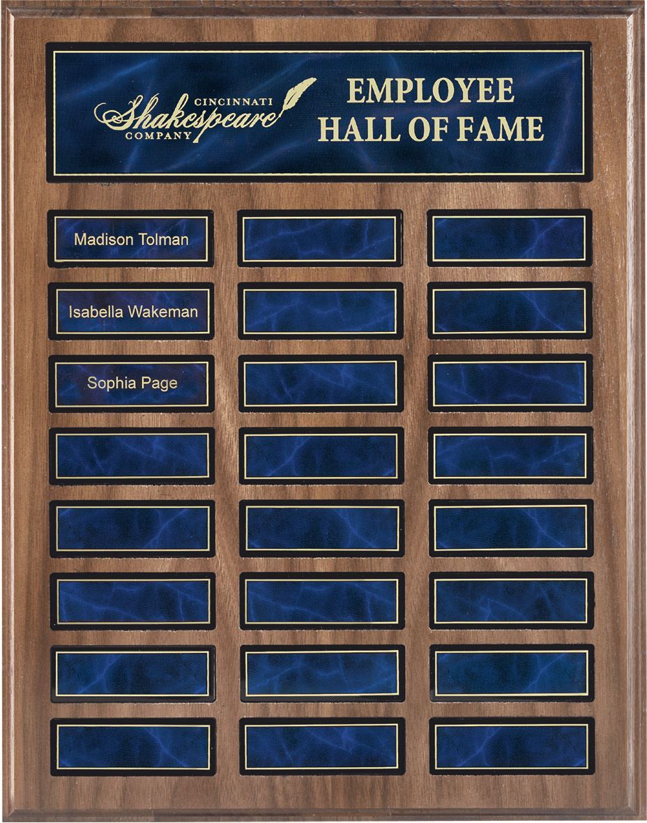 Wood finish perpetual recognition plaque with blue marble and gold accents.