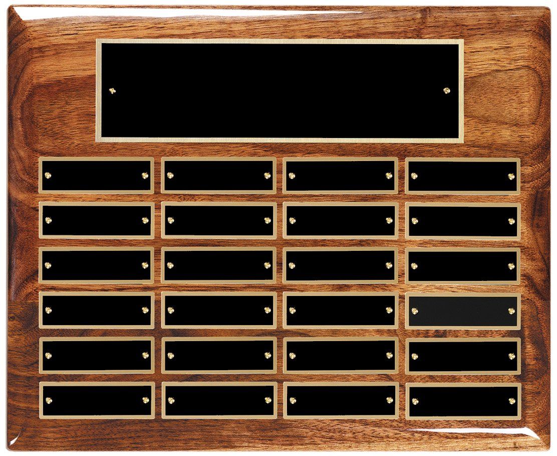 Wood finish perpetual recognition plaque with gold accents.