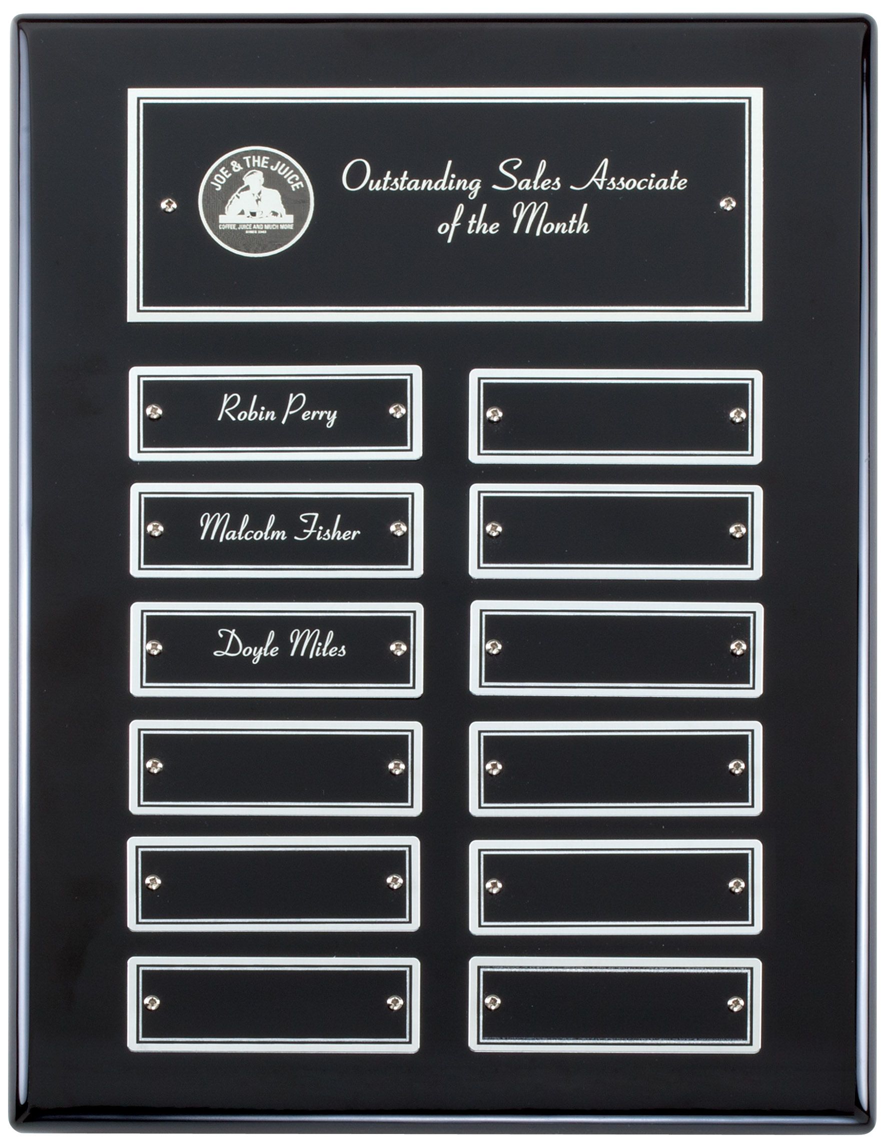 Black piano finish perpetual recognition plaque with silver accents.