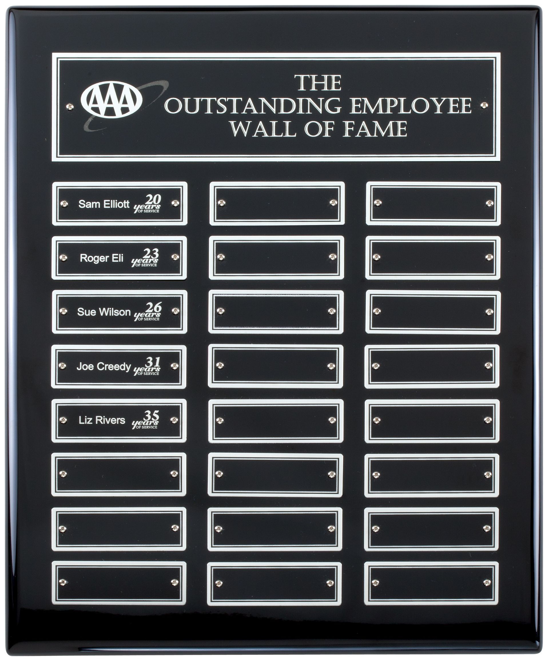 Black piano finish perpetual recognition plaque with silver accents.