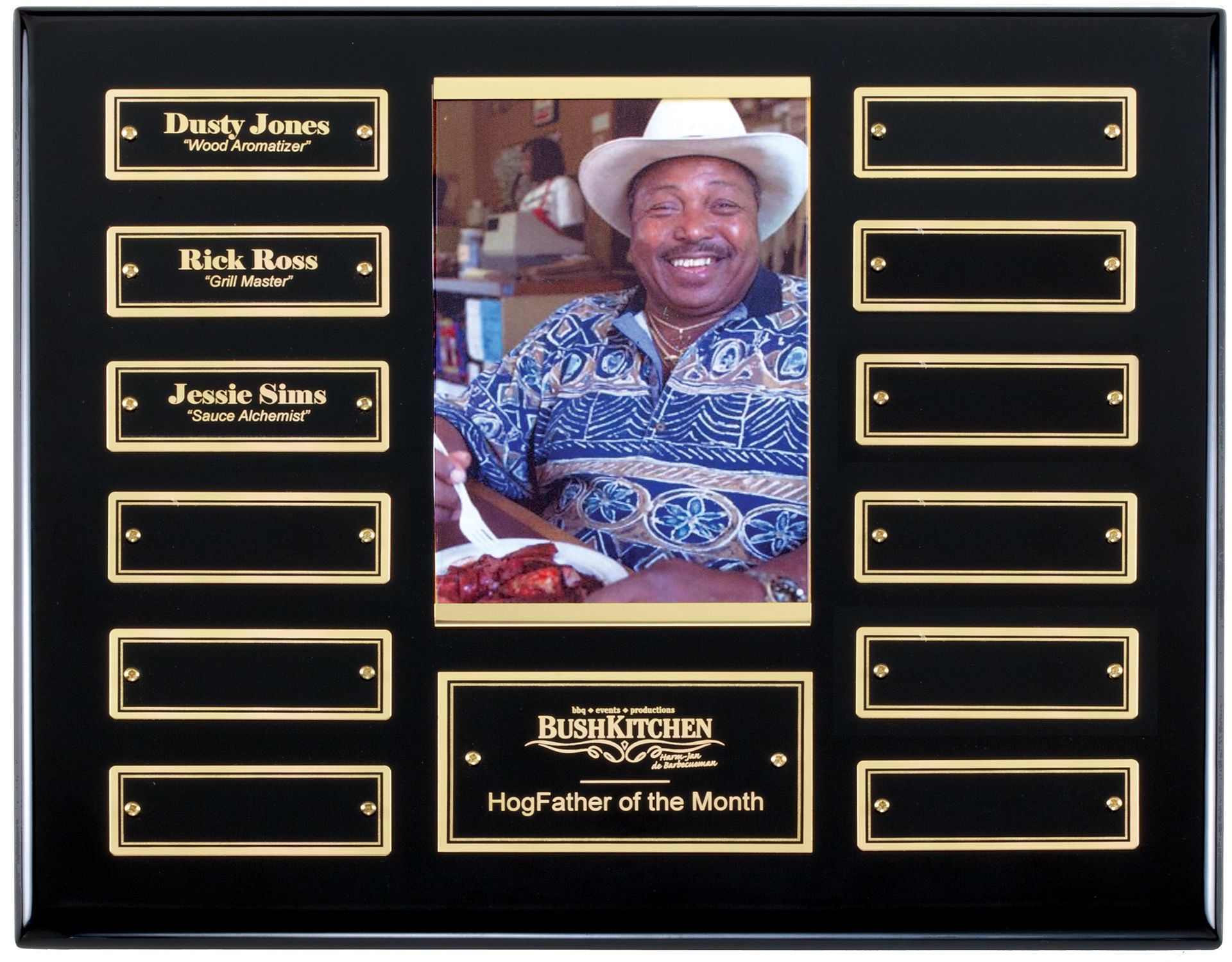 Black piano finish perpetual recognition plaque with gold accents and center photo area.