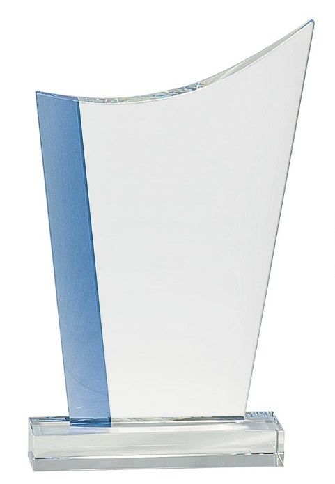 Blue edge crest shaped crystal award.