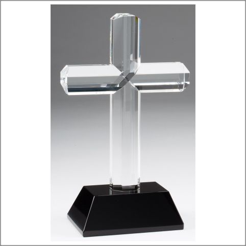 Crystal Christian cross, religious recognition award with black base.