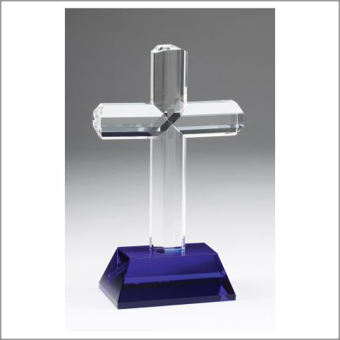 Crystal Christian cross, religious recognition award with blue base.