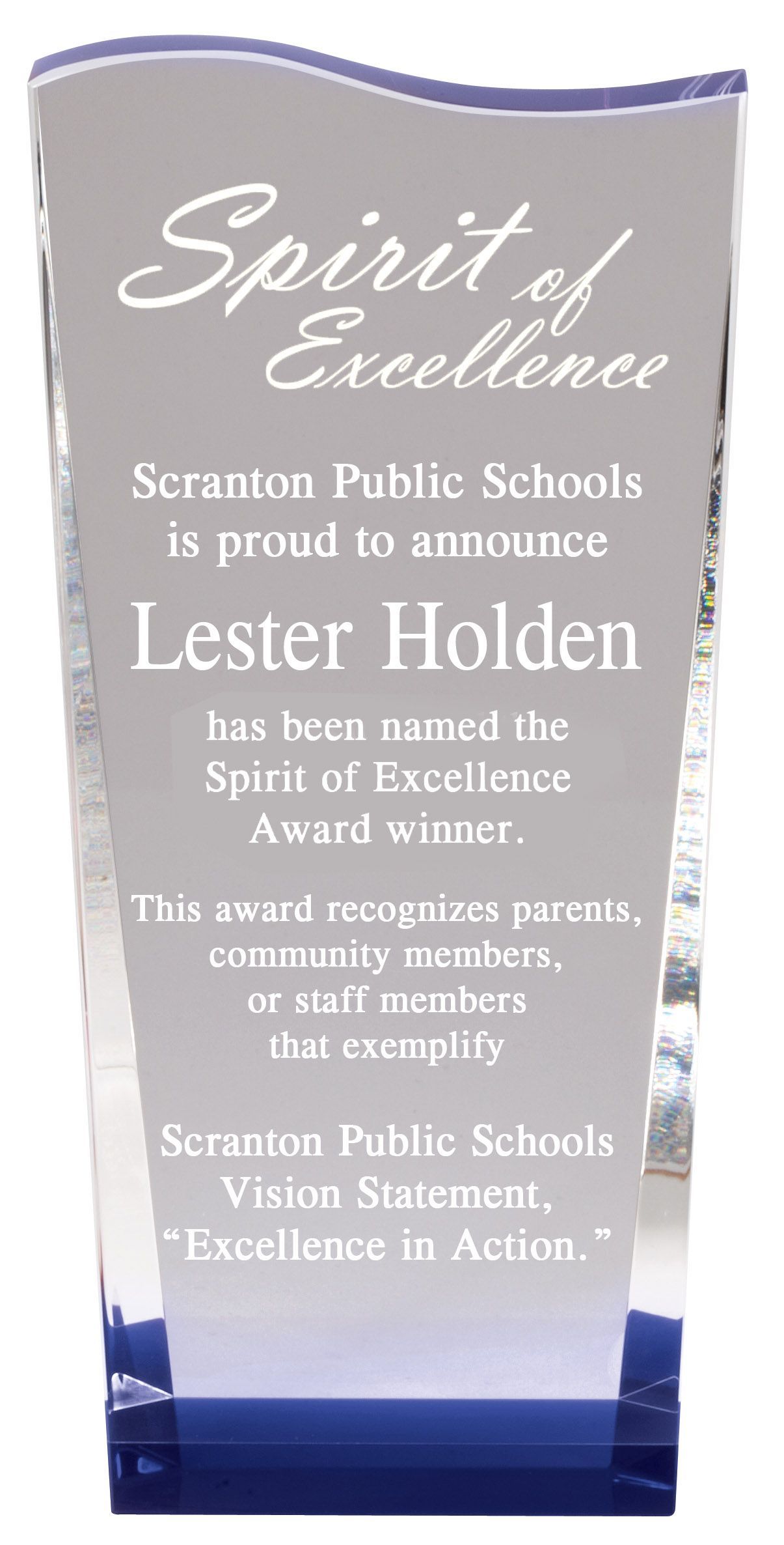 Beveled crystal recognition award.