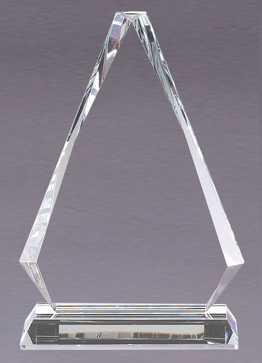 Beveled triangle shaped crystal recognition award.