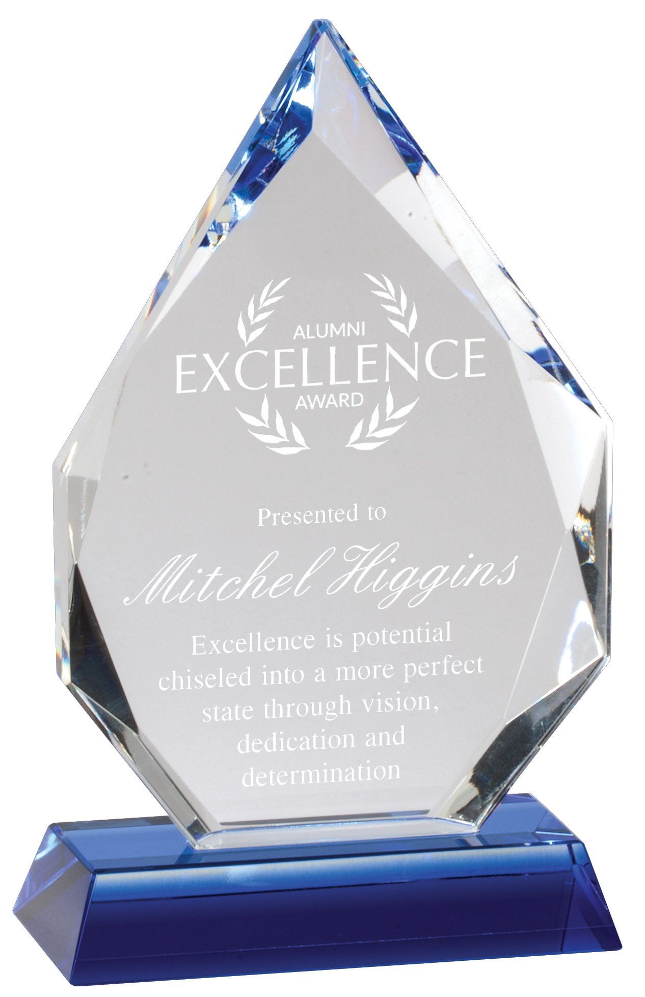 Crystal recognition award with blue base.