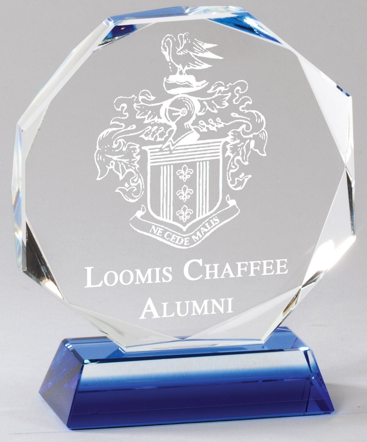 Octagon shape crystal award on blue base.