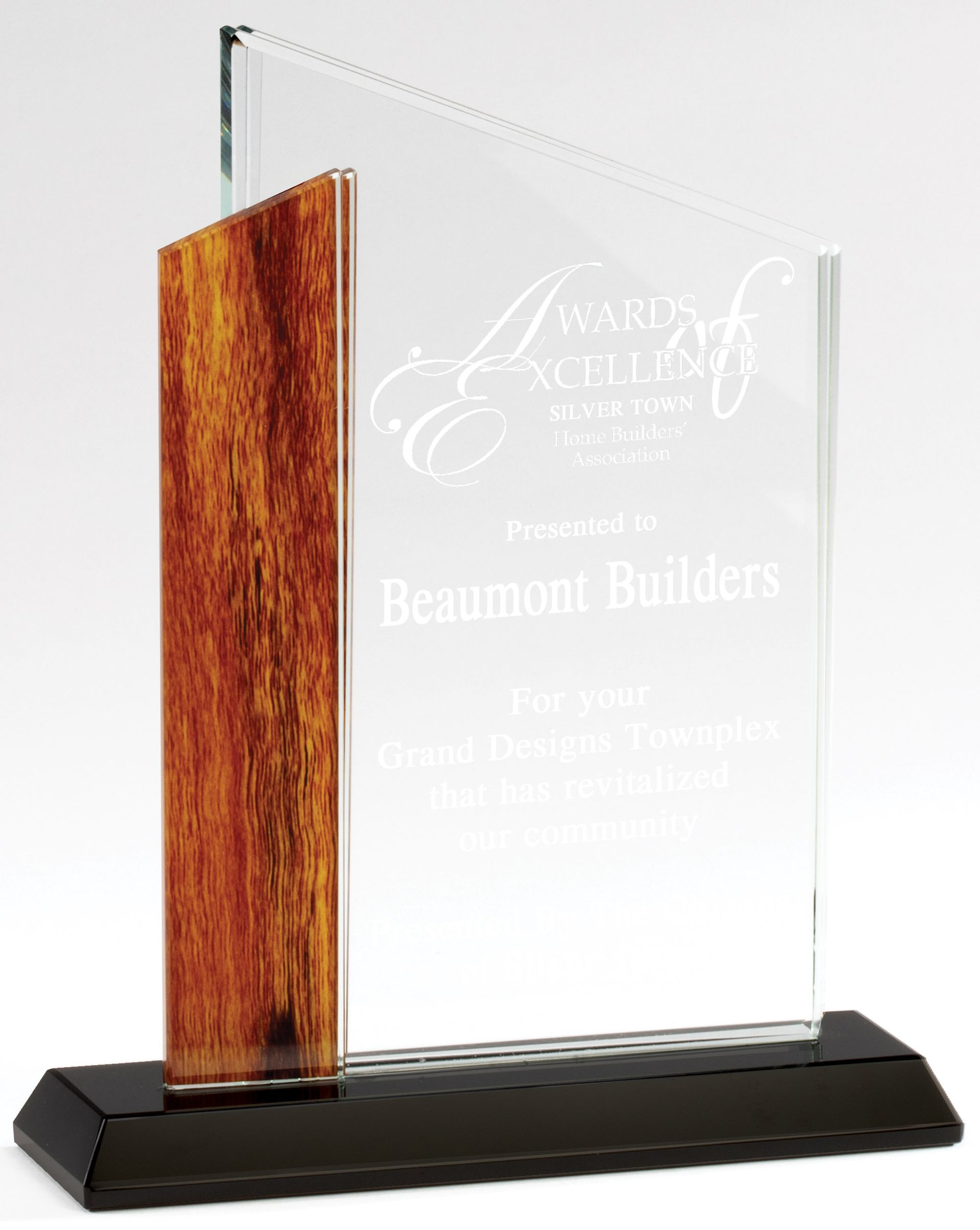 Vertical crystal and wood recognition award.
