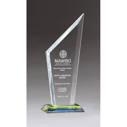 Clear glass recognition award with flame on prism effect.