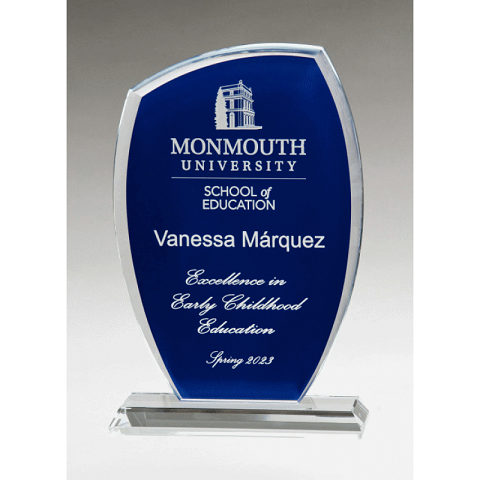 Glass recognition award with blue back side.