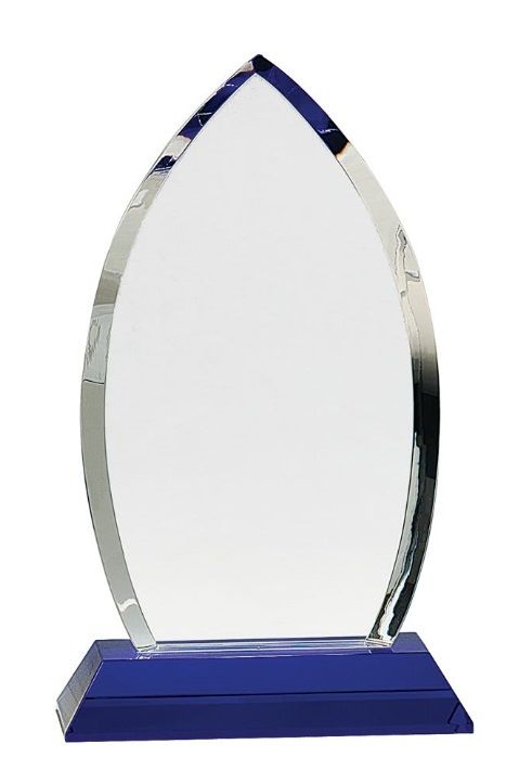 Beveled edge oval shaped crystal recognition award with blue base.