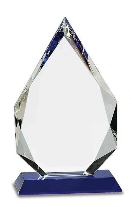 Diamond shape faceted crystal award on blue base.