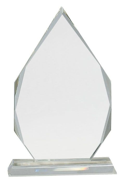 Diamond shape faceted crystal award on clear base.