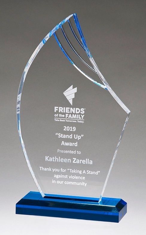 Flame shape acrylic recognition award with blue accents.