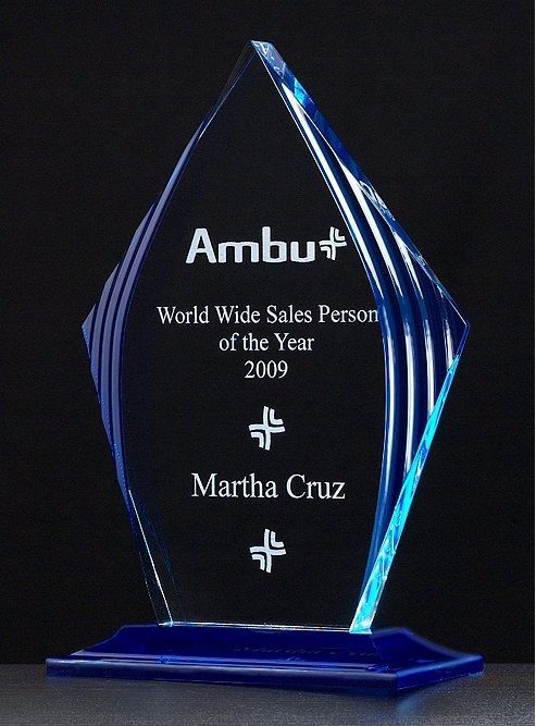 Blue accented upright acrylic recognition award.