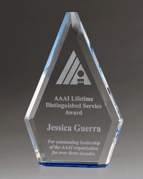 Thick flame series crystal recognition award with blue accent.