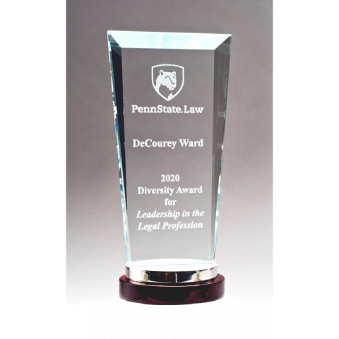 Glass recognition award with rosewood and aluminum base.