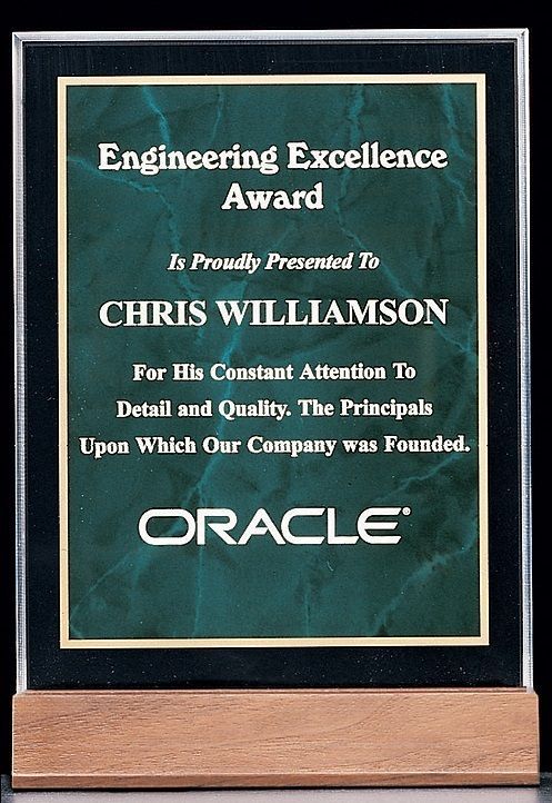 Emerald marble design on polished acrylic recognition award.