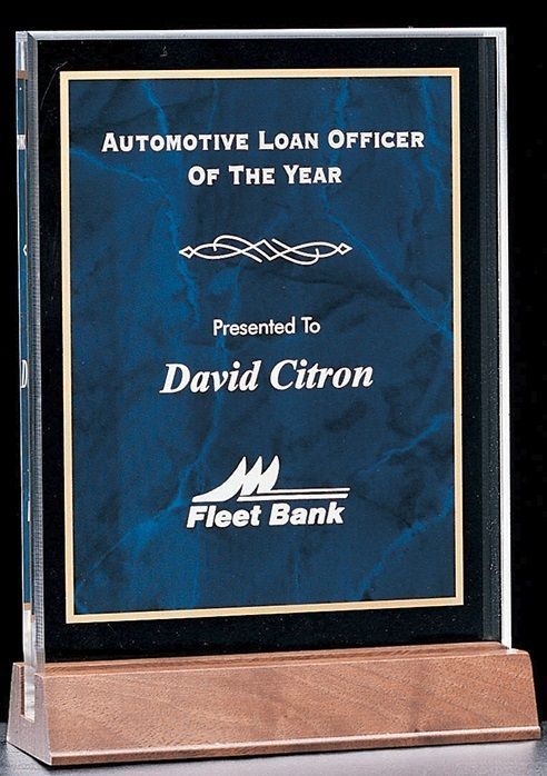 Sapphire marble design on polished acrylic recognition award.