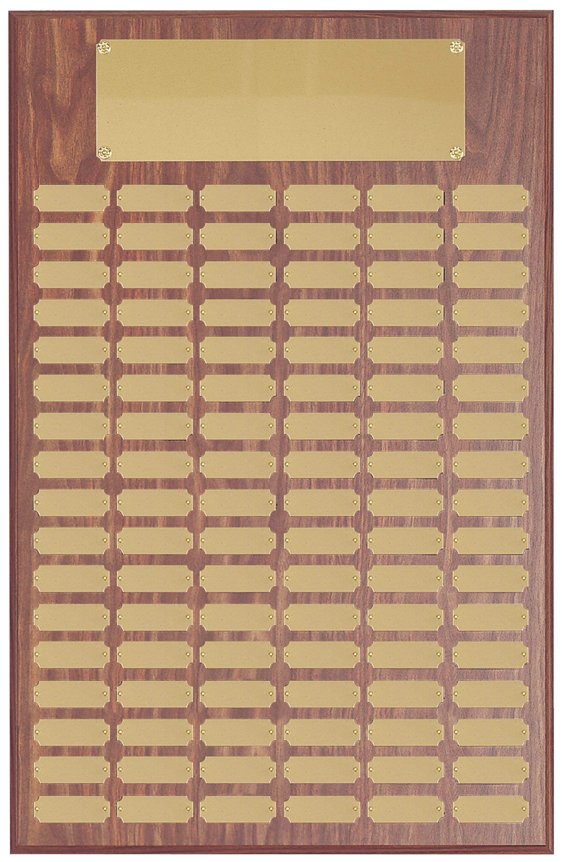 Wood finish perpetual recognition plaque with gold plates.