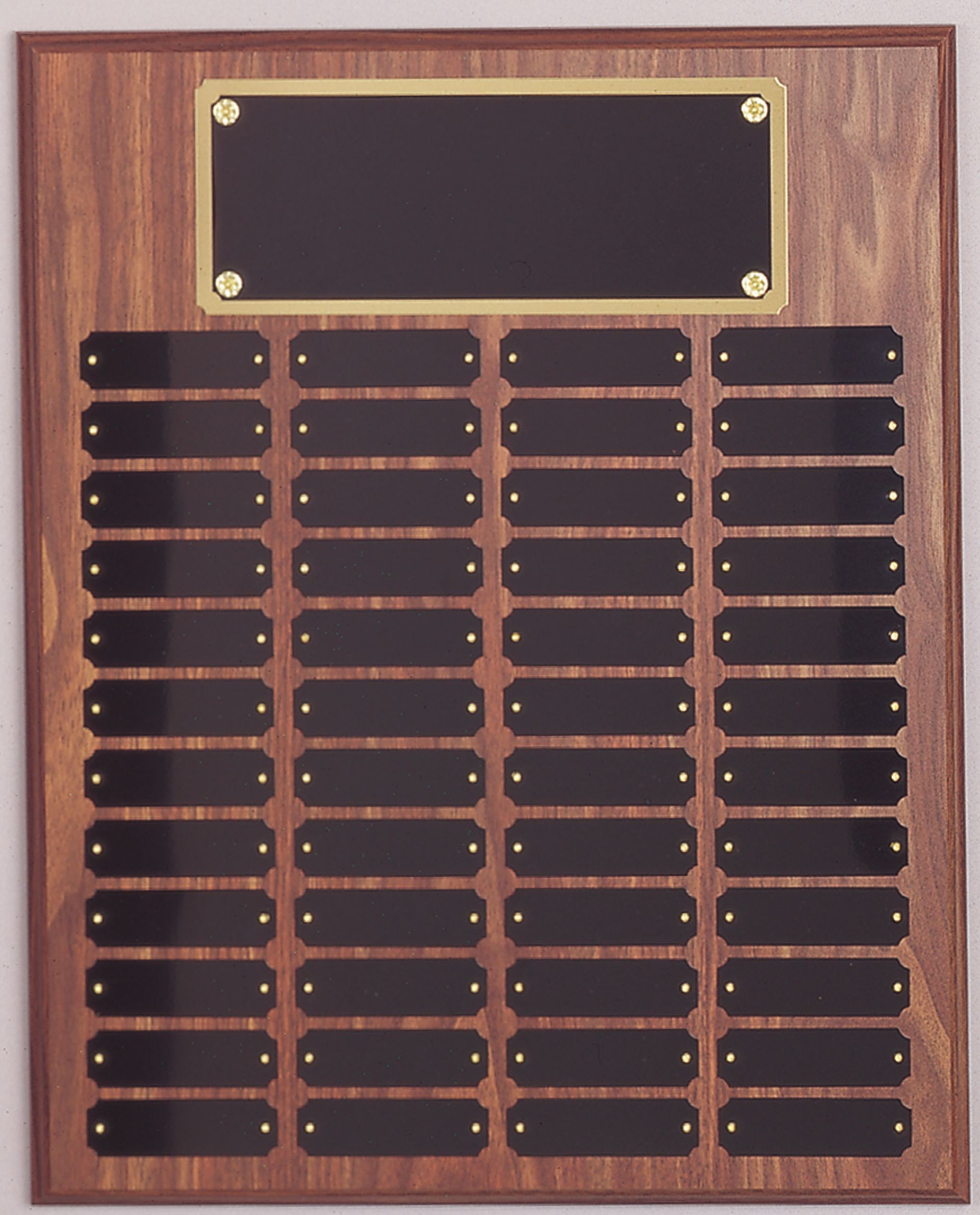 Wood finish perpetual recognition plaque with gold accents.