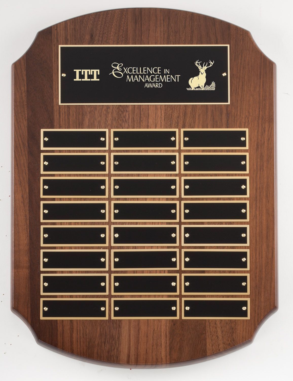 Wood finish perpetual recognition plaque with gold accents.