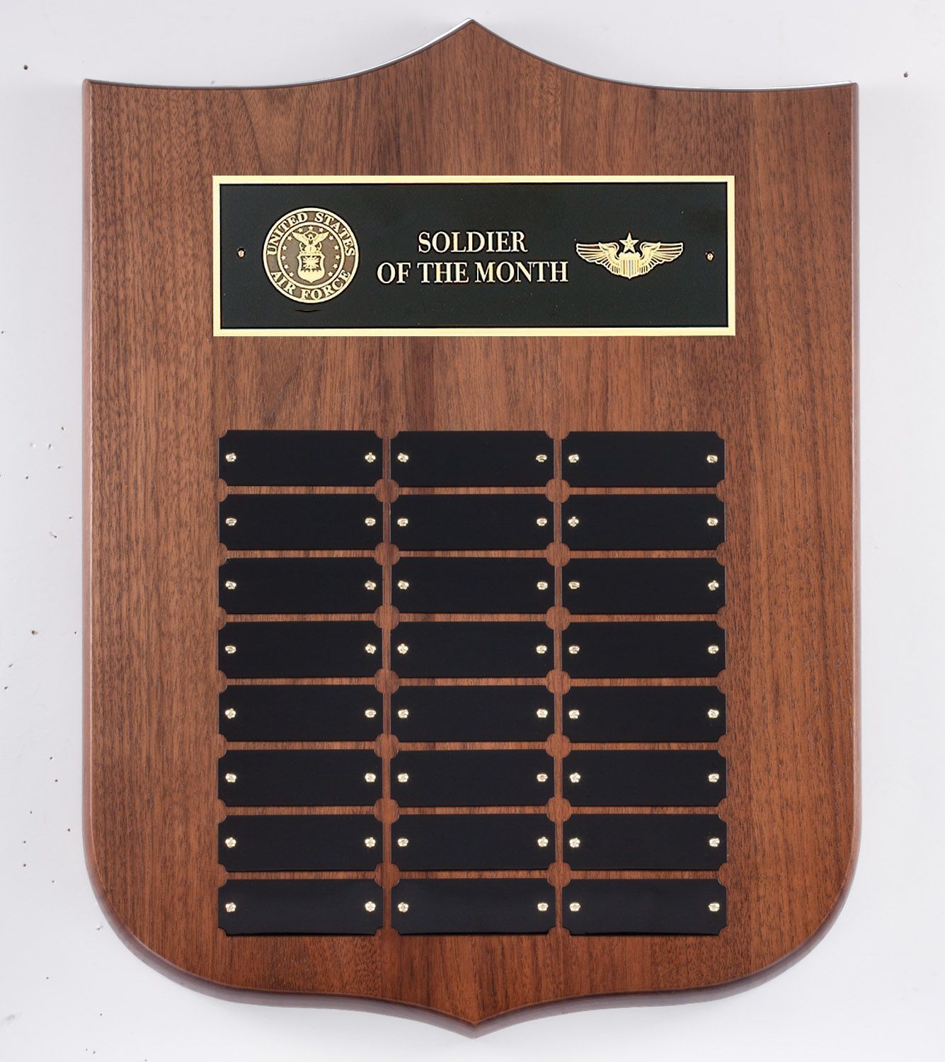 Wood finish perpetual recognition plaque with gold accents.