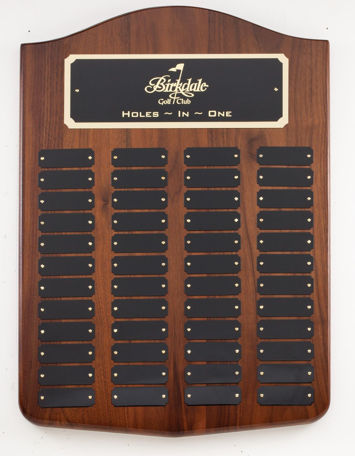 Wood finish perpetual recognition plaque with gold accents.