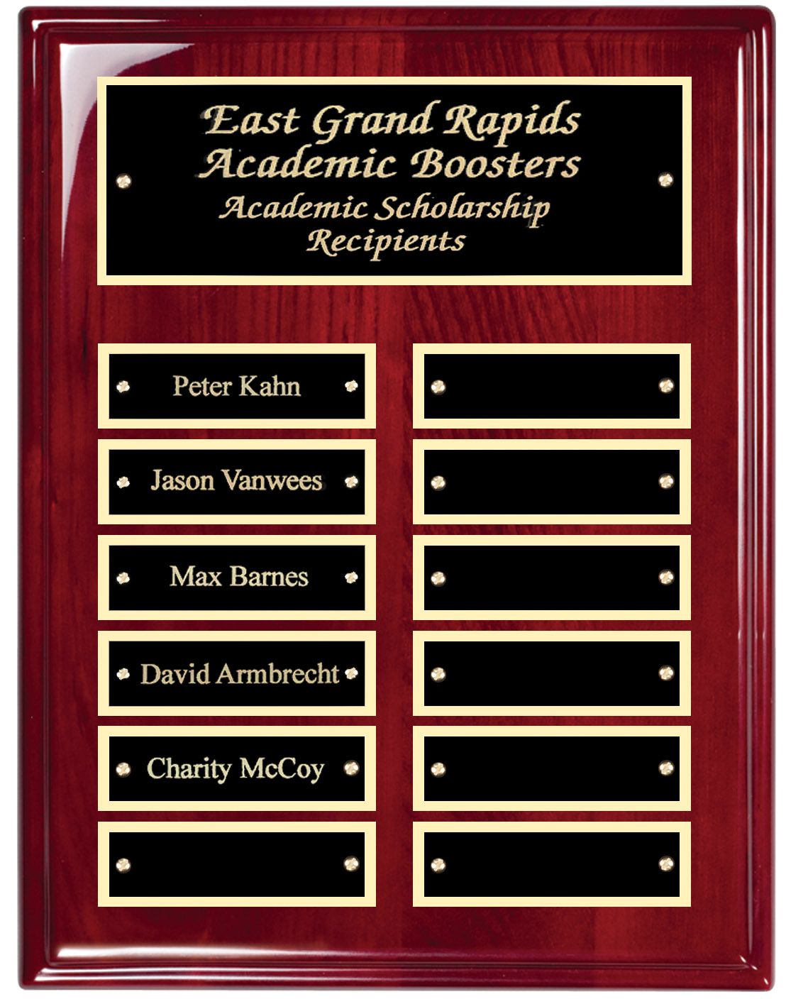 Wood rose finish perpetual recognition plaque with gold accents.