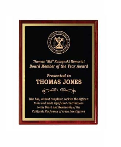 Red rosewood piano finish wooden recognition award plaque with gold edges/lettering.