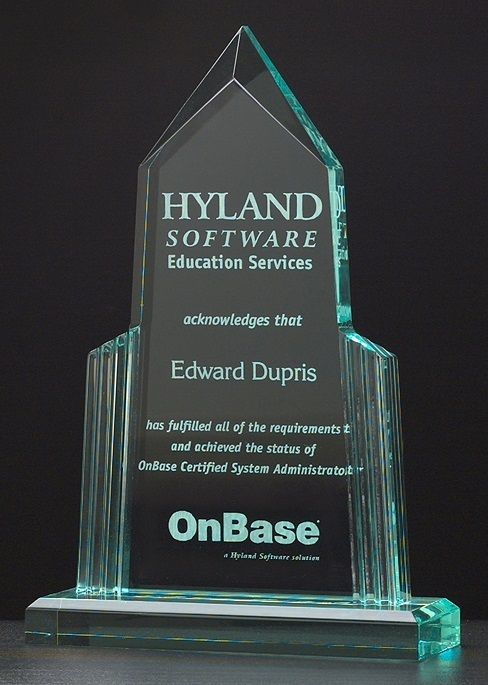 Spire shape upright acrylic recognition award.