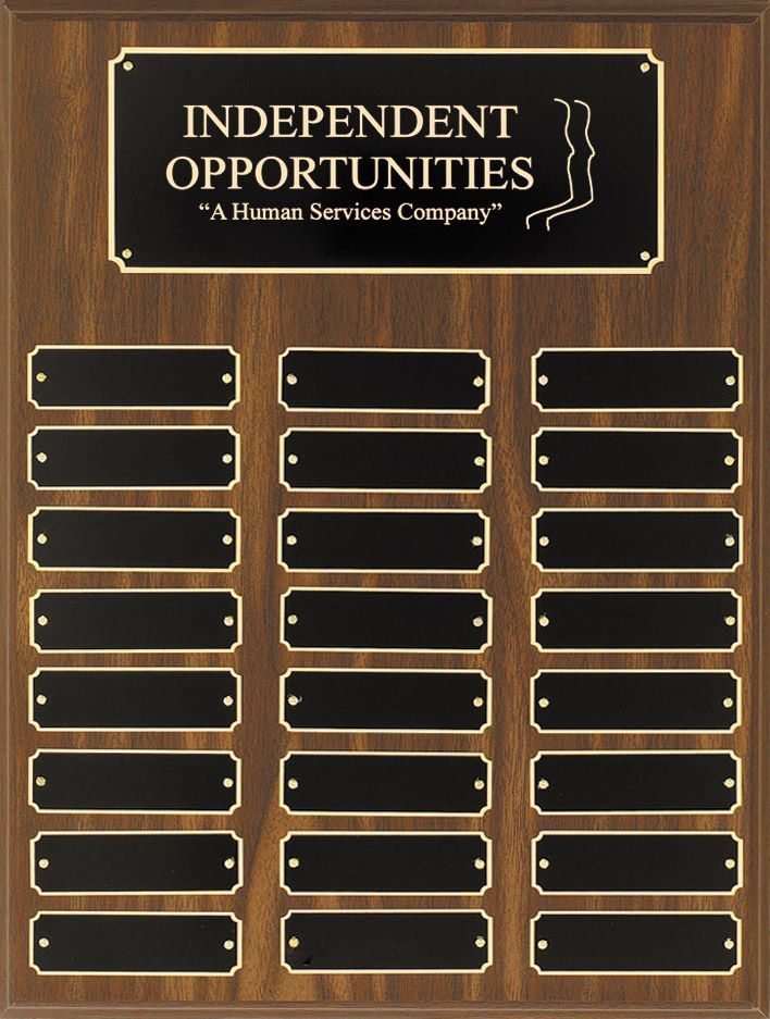 Wood finish perpetual recognition plaque with gold accents.