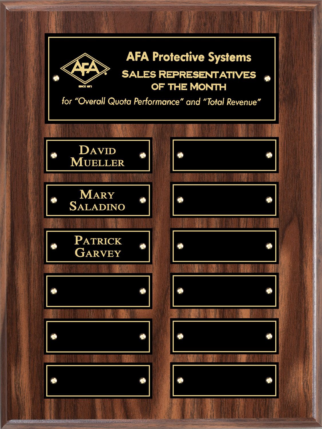 Wood finish perpetual recognition plaque with gold accents.