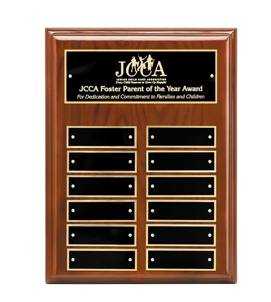 Wood finish perpetual recognition plaque with gold accents.