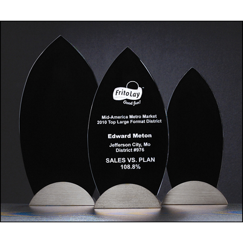 Black background glass recognition award with gunmetal finish base.
